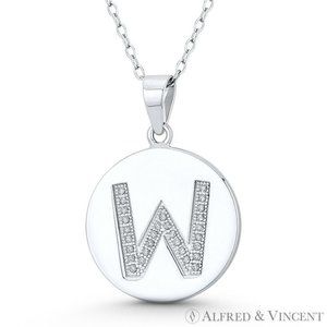 Initial Letter "W" CZ Crystal Circle Pendant in .925 Sterling Silver w/ Rhodium